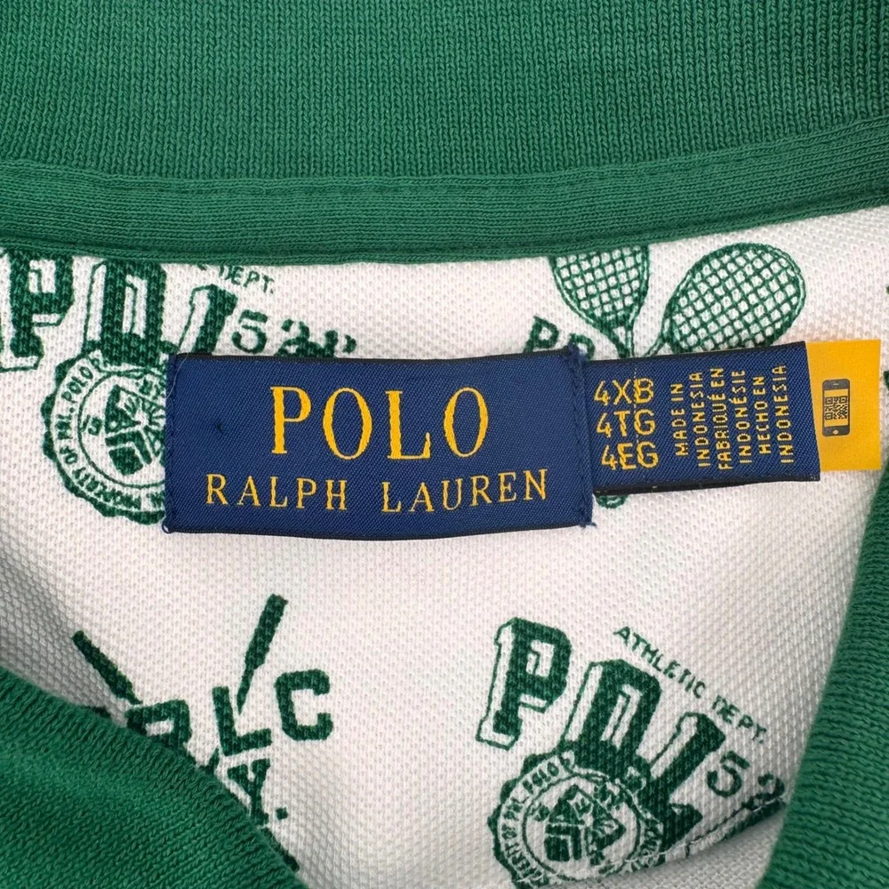Polo Ralph Lauren Polo Shirt Men 4XB White Green All Over Tennis Print New